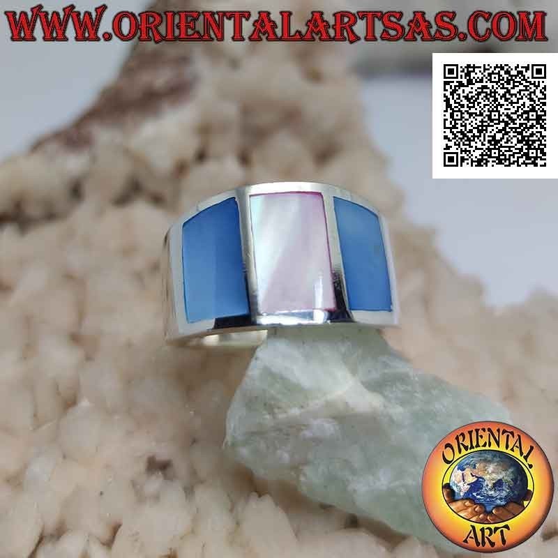 Anillo de plata con banda lisa con tres nácar multicolor engastados en el alambre (5)