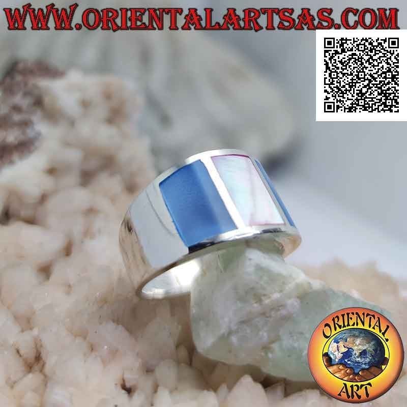 Silver ring with smooth band with three multicolor mother-of-pearls set in the wire (5)