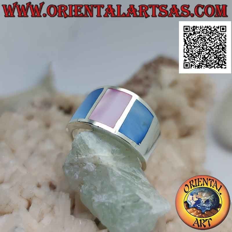 Anello in argento fascia liscia con tre madreperle multicolor incastonata a filo (5)