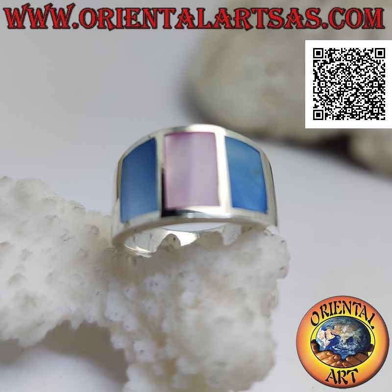 Silver ring with smooth band with three multicolor mother-of-pearls set in the wire (5)