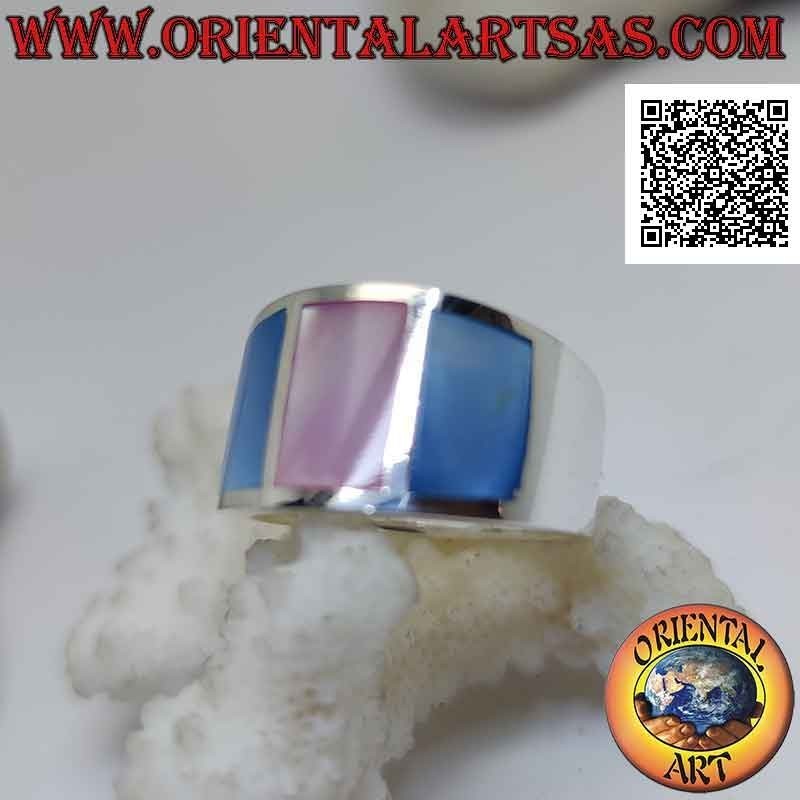 Anello in argento fascia liscia con tre madreperle multicolor incastonata a filo (5)