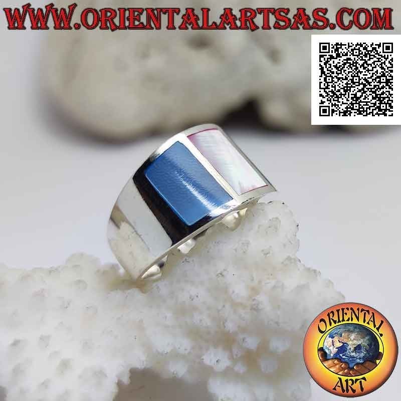 Silver ring with smooth band with three multicolor mother-of-pearls set in the wire (5)