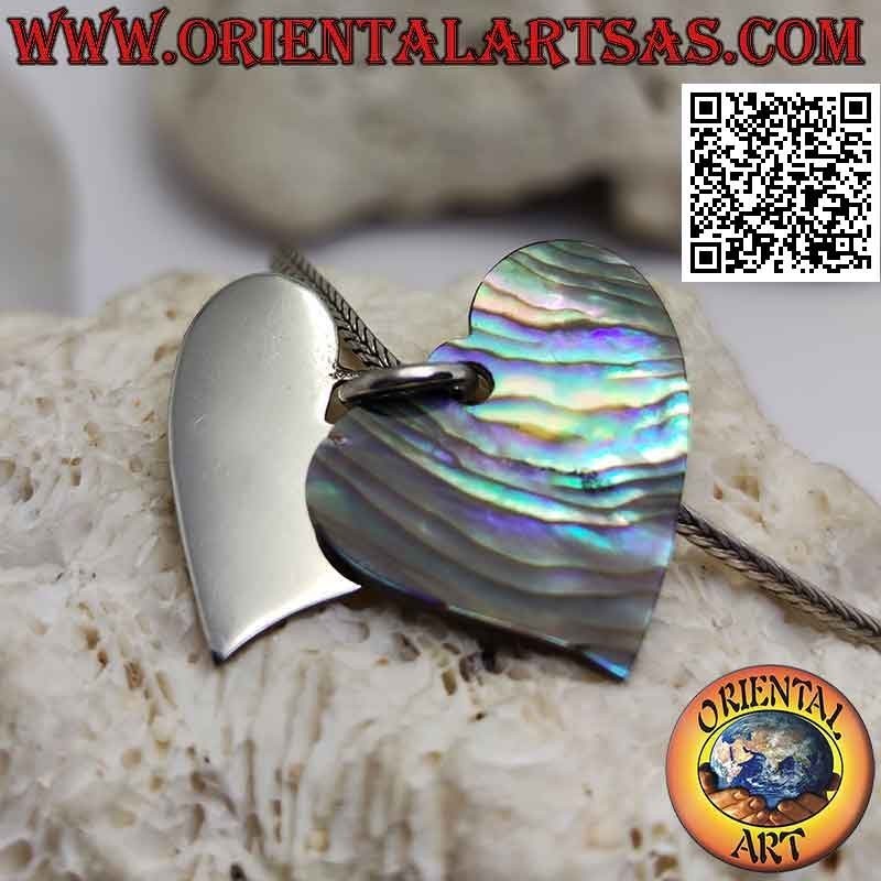 Silver pendant, smooth flat heart superimposed on one of abalone