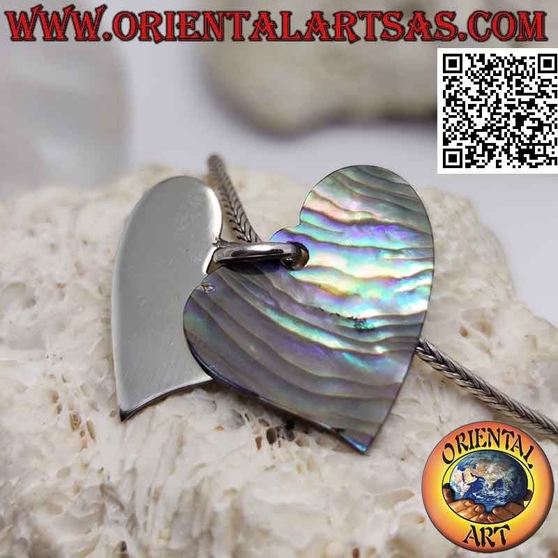 Ciondolo in argento, cuore liscio piatto sovrapposto ad uno di abalone