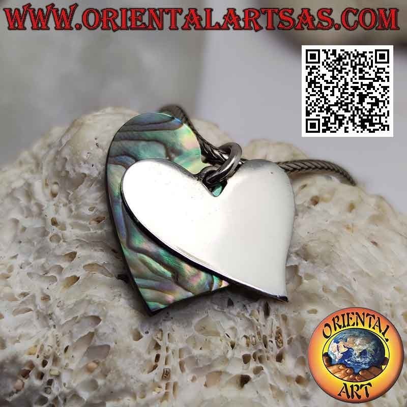 Colgante de plata, corazón plano liso superpuesto a uno de abulón