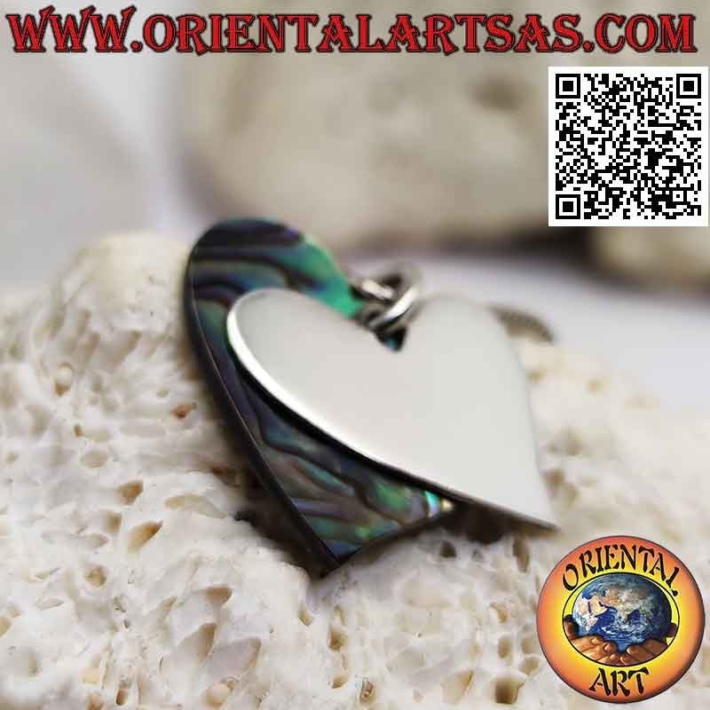 Silver pendant, smooth flat heart superimposed on one of abalone
