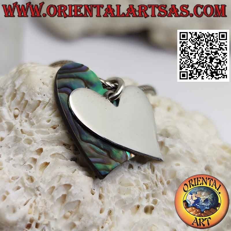 Ciondolo in argento, cuore liscio piatto sovrapposto ad uno di abalone