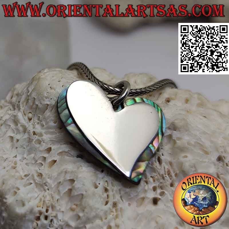 Ciondolo in argento, cuore liscio piatto sovrapposto ad uno di abalone