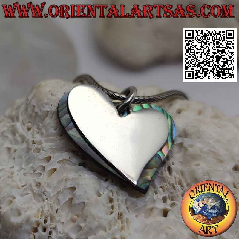 Pendentif en argent, coeur plat lisse superposé à un d'ormeau