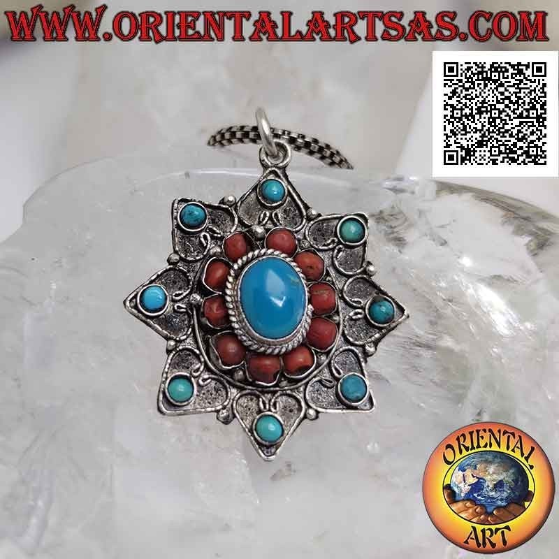 Silver pendant, eight-pointed star with turquoise and ancient Tibetan corals and filigree decoration