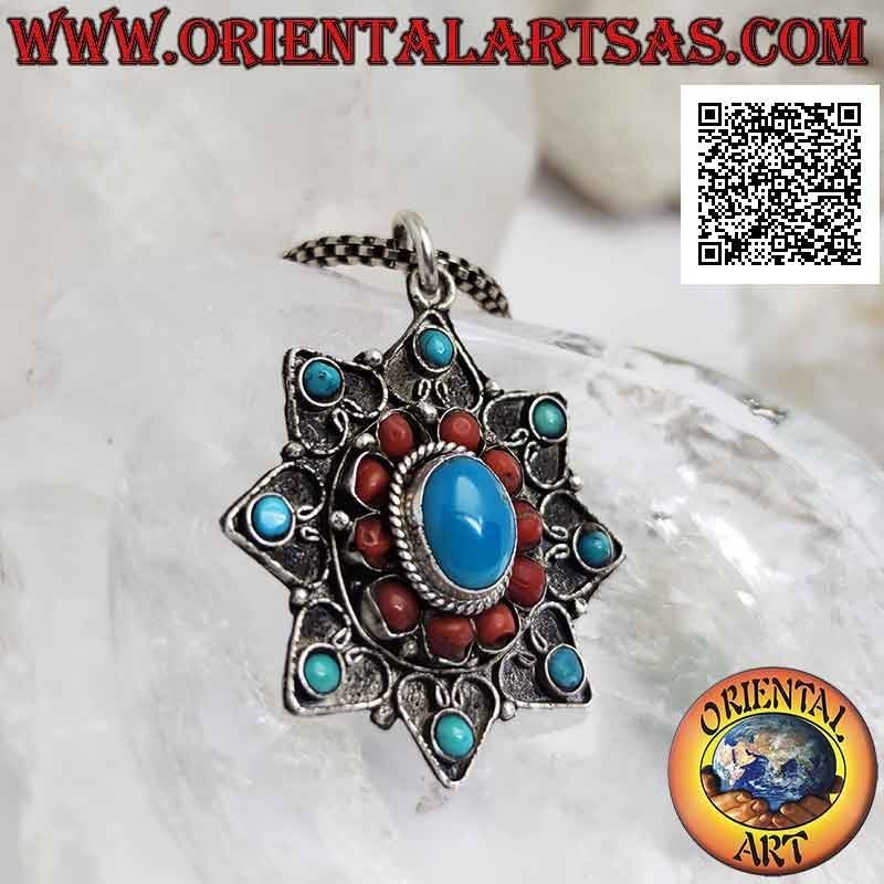 Ciondolo in argento, stella a otto punte con turchesi e coralli antichi tibetani e decorazione a filigrana