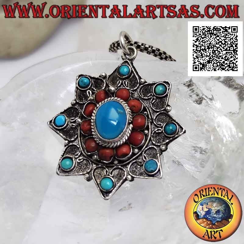 Silver pendant, eight-pointed star with turquoise and ancient Tibetan corals and filigree decoration