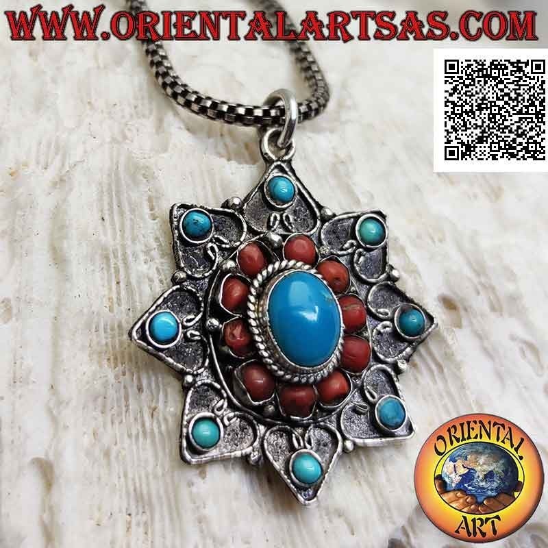 Silver pendant, eight-pointed star with turquoise and ancient Tibetan corals and filigree decoration