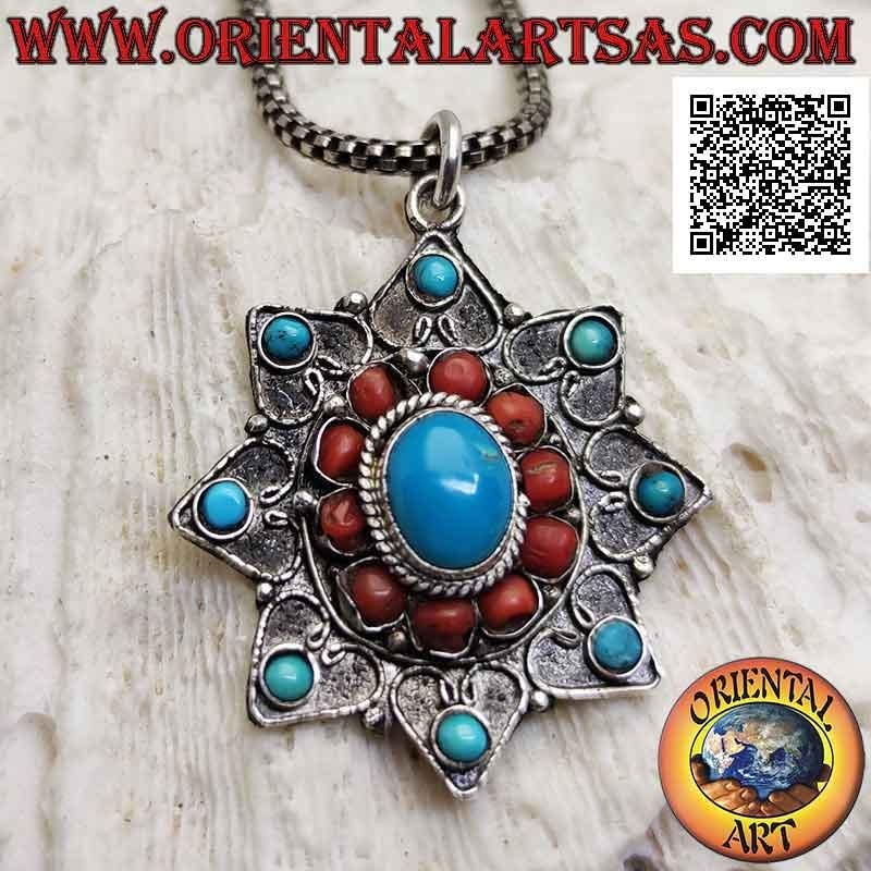Ciondolo in argento, stella a otto punte con turchesi e coralli antichi tibetani e decorazione a filigrana