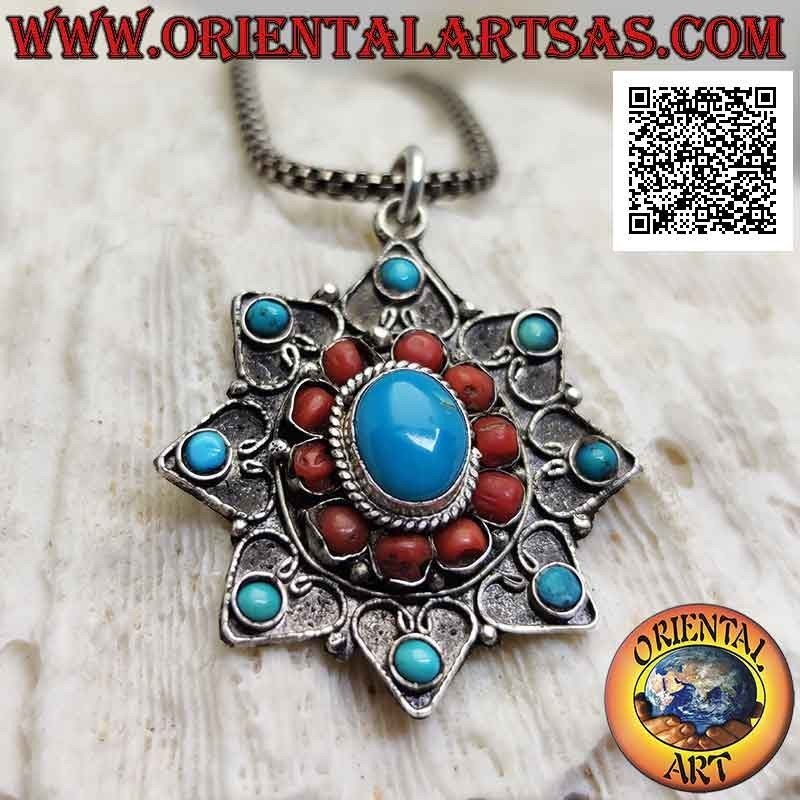 Colgante de plata, estrella de ocho puntas con turquesas y corales tibetanos antiguos y decoración de filigrana
