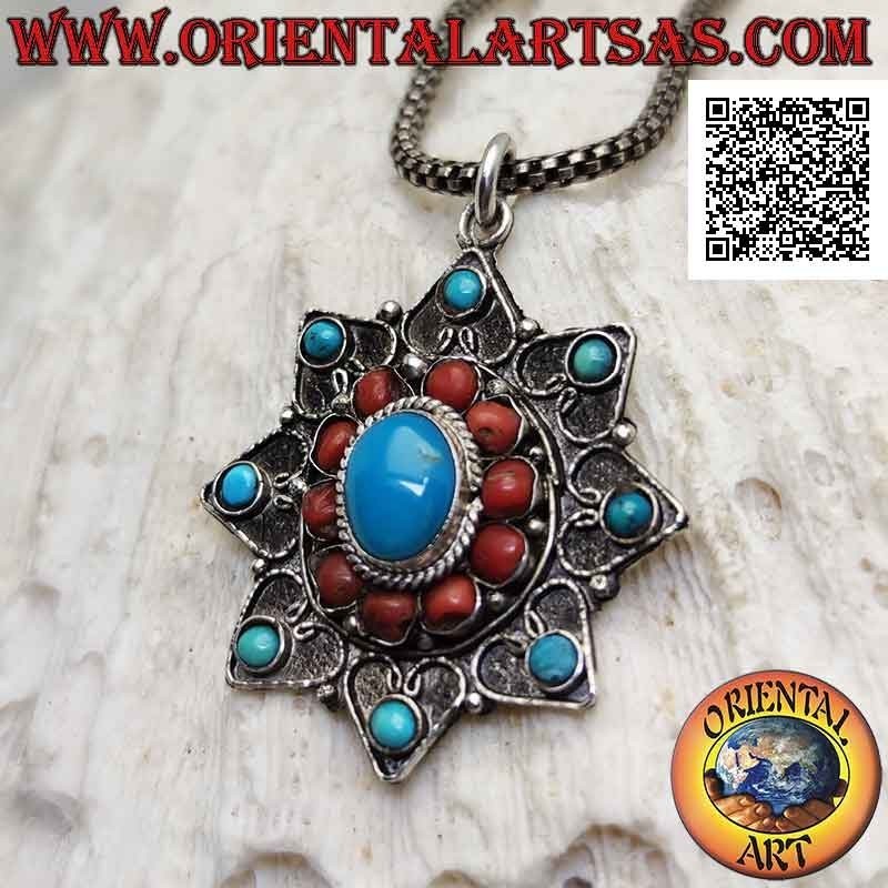 Pendentif en argent, étoile à huit branches avec turquoise et coraux tibétains anciens et décoration en filigrane