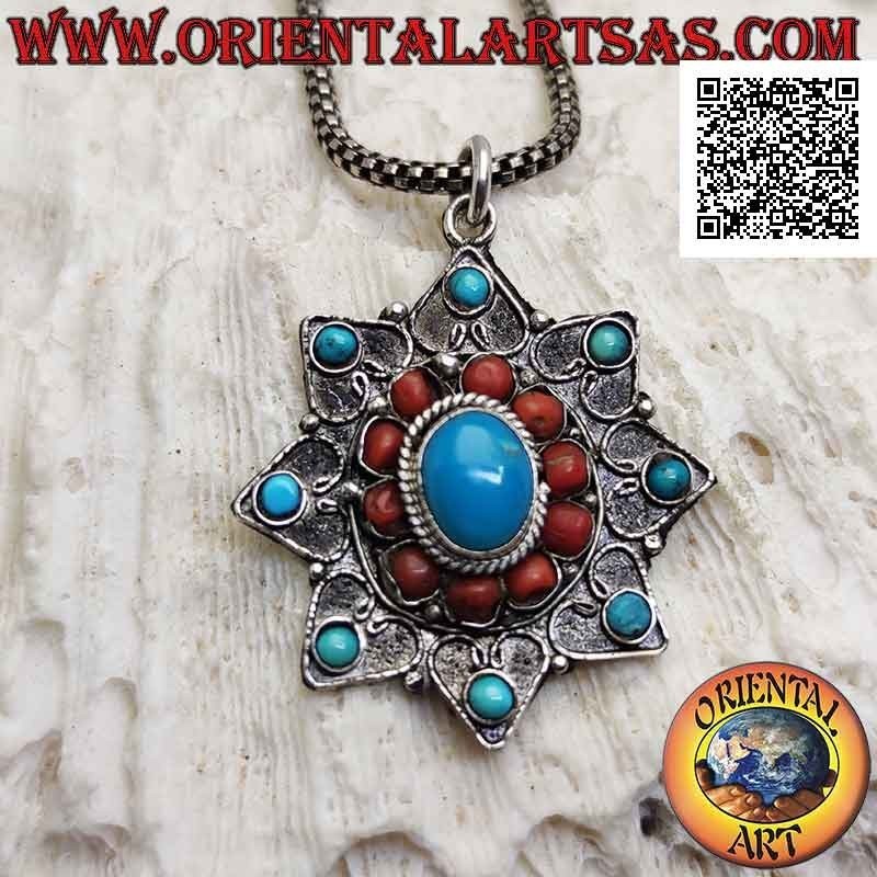 Pendentif en argent, étoile à huit branches avec turquoise et coraux tibétains anciens et décoration en filigrane
