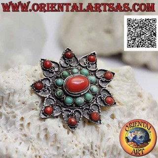 Broche de plata antigua, estrella de nueve puntas con decoración de filigrana y turquesa tibetana antigua y coral