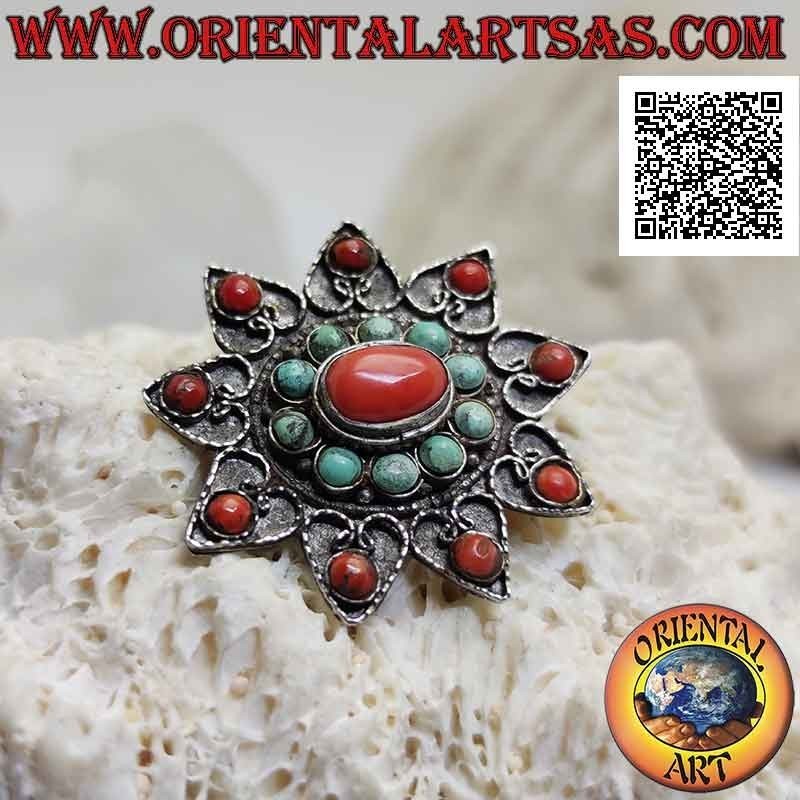Broche ancienne en argent, étoile à neuf branches avec décoration antique tibétaine turquoise et corail et filigrane