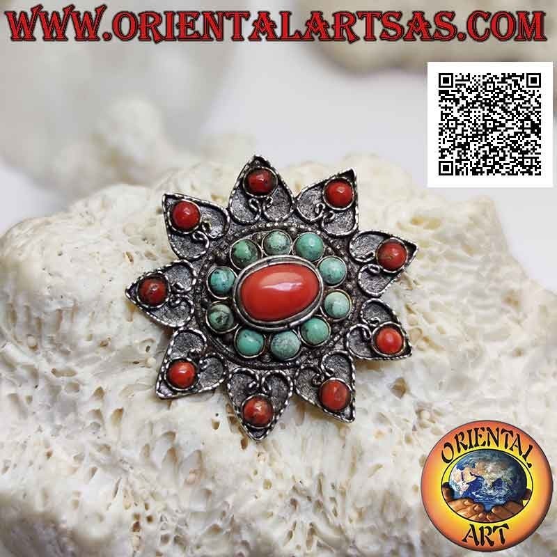 Broche de plata antigua, estrella de nueve puntas con decoración de filigrana y turquesa tibetana antigua y coral
