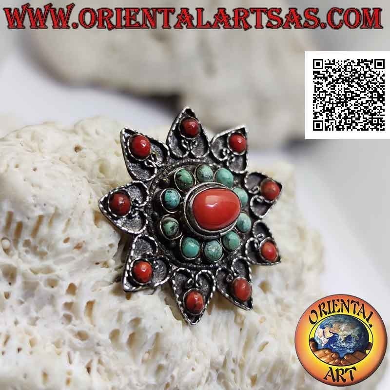Antique silver brooch, nine-pointed star with ancient Tibetan turquoise and coral and filigree decoration