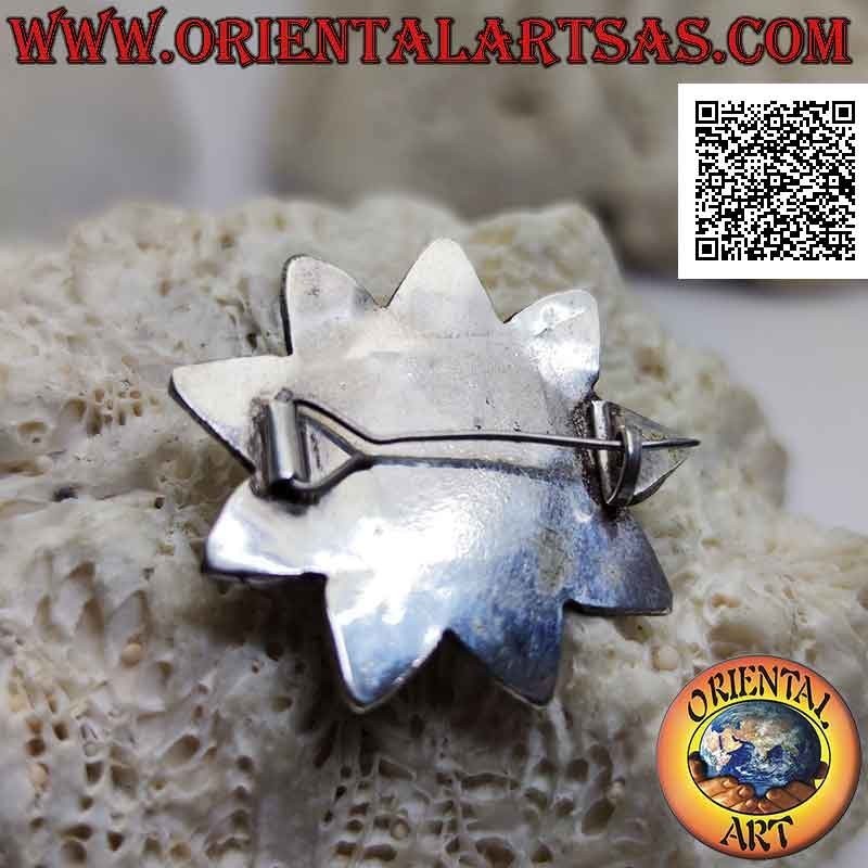 Spilla in argento antica, stella a nove punte con turchesi e coralli antichi tibetani e decorazione a filigrana