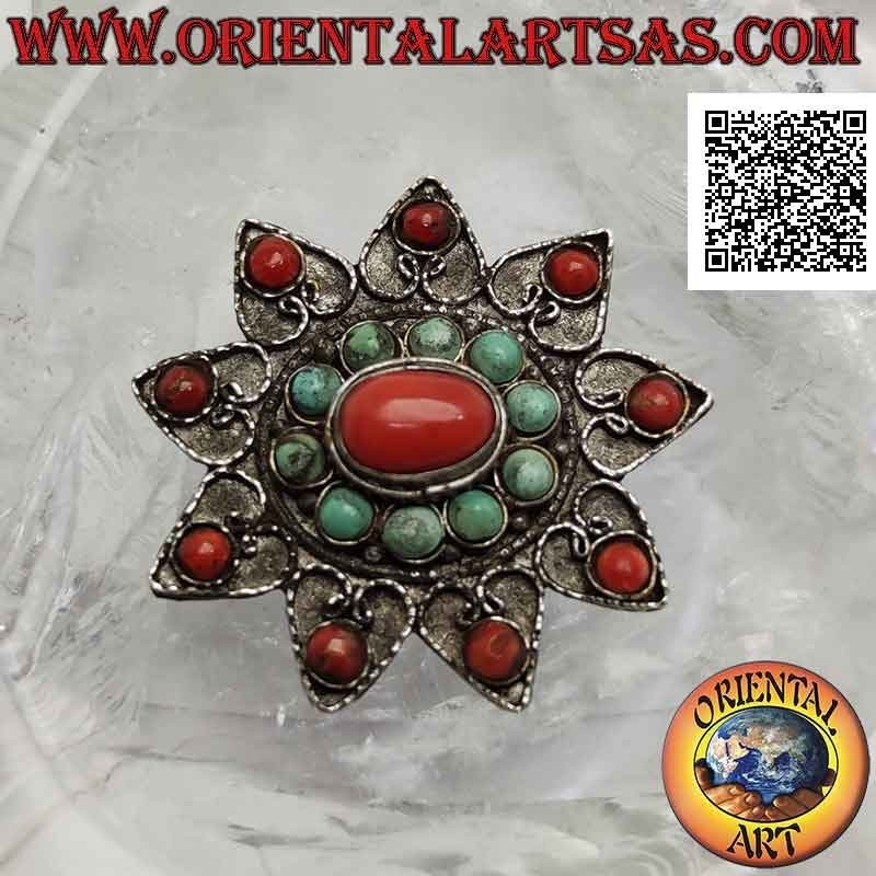 Spilla in argento antica, stella a nove punte con turchesi e coralli antichi tibetani e decorazione a filigrana