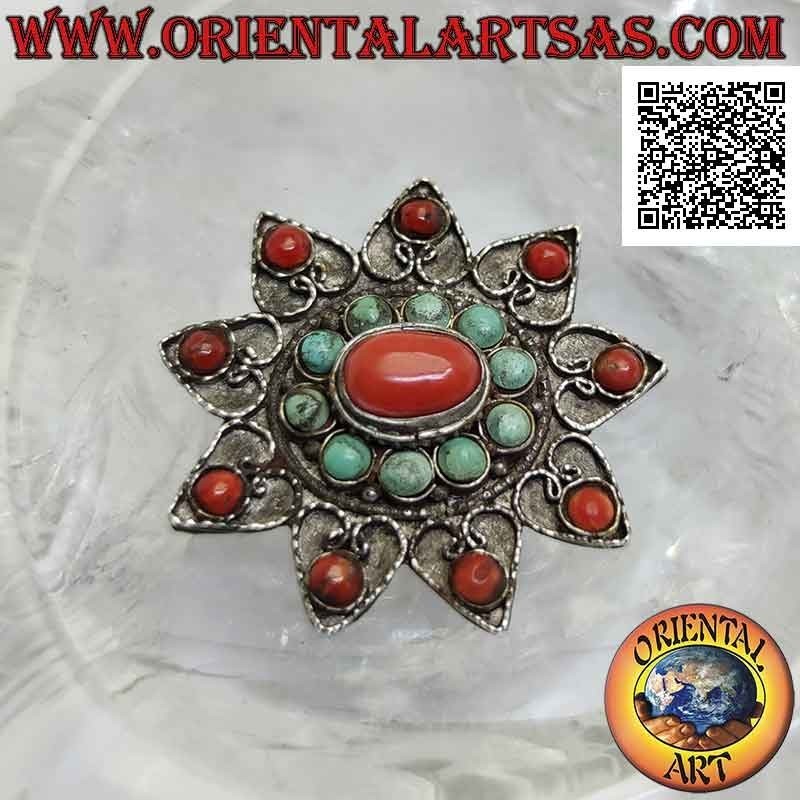 Antique silver brooch, nine-pointed star with ancient Tibetan turquoise and coral and filigree decoration