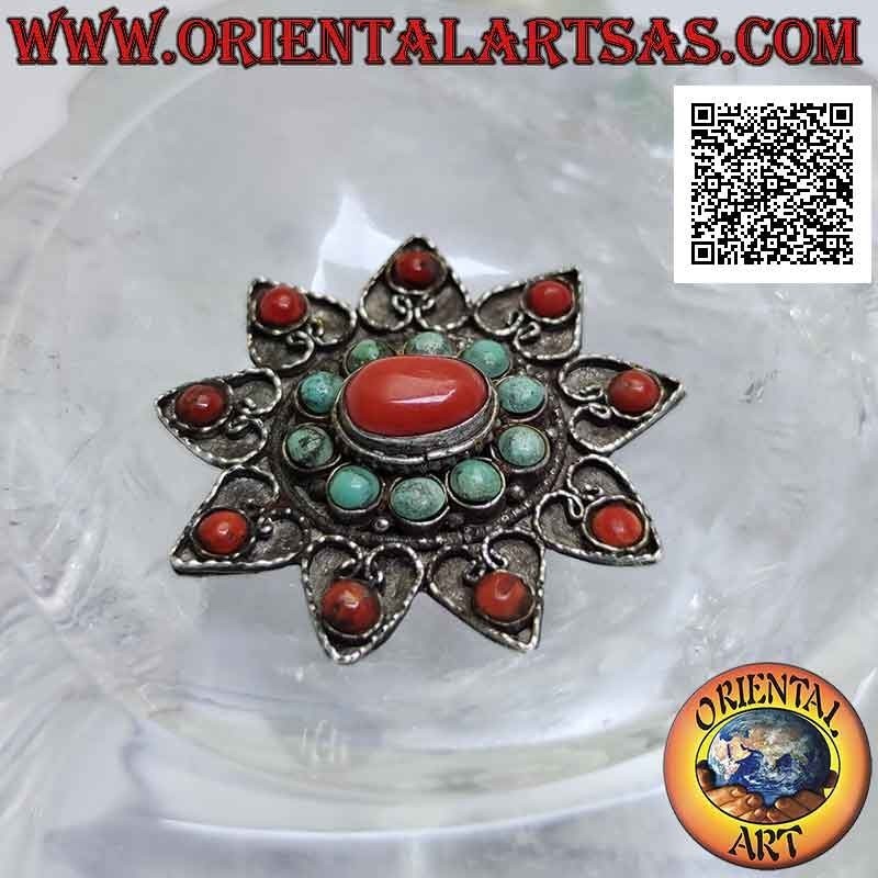 Spilla in argento antica, stella a nove punte con turchesi e coralli antichi tibetani e decorazione a filigrana