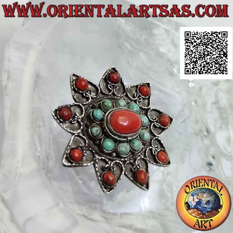 Spilla in argento antica, stella a nove punte con turchesi e coralli antichi tibetani e decorazione a filigrana