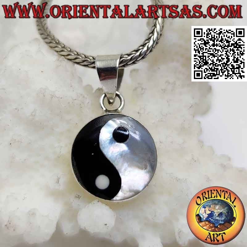 "Tao" Yin Yang Silberanhänger mit Perlmutt und Onyx 12 mm Ø