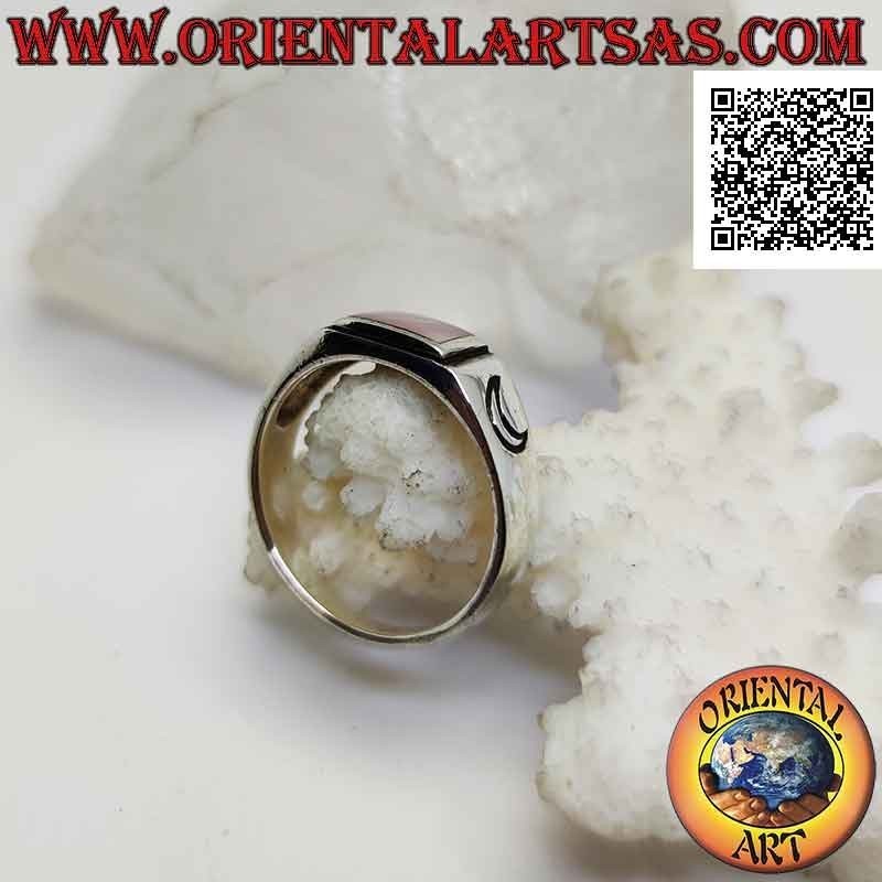 Smooth silver ring with rectangular mother of pearl and sun and moon engraved on the sides