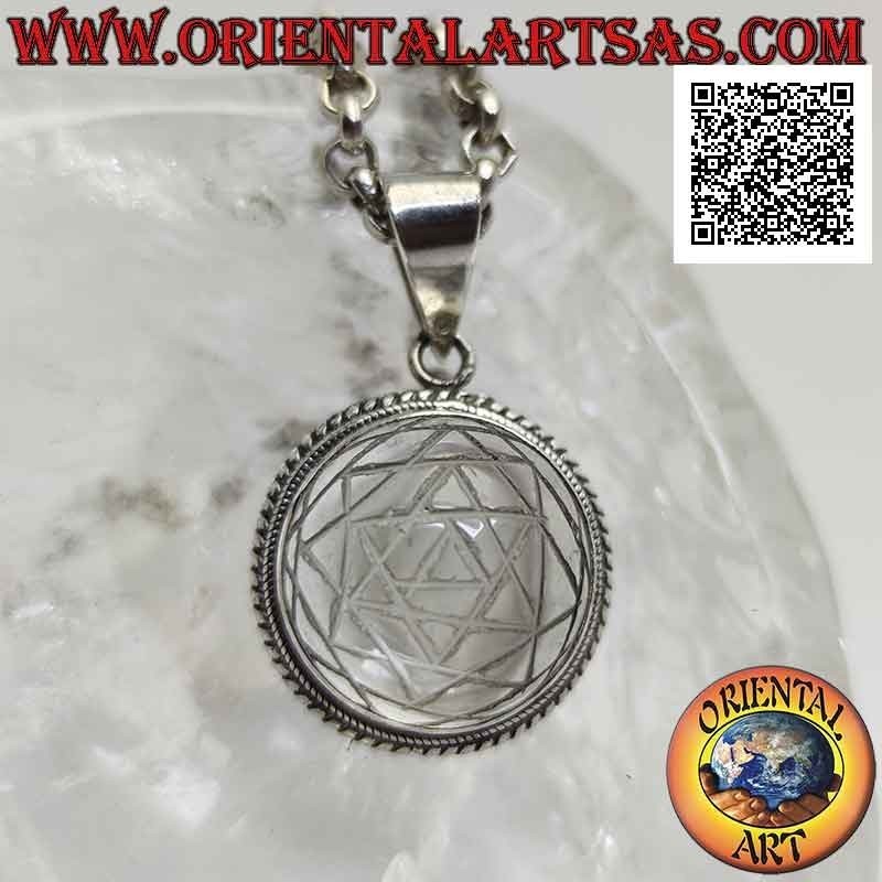 Silver pendant with Sri Yantra engraved on round cabochon rock crystal and smooth band and double weave