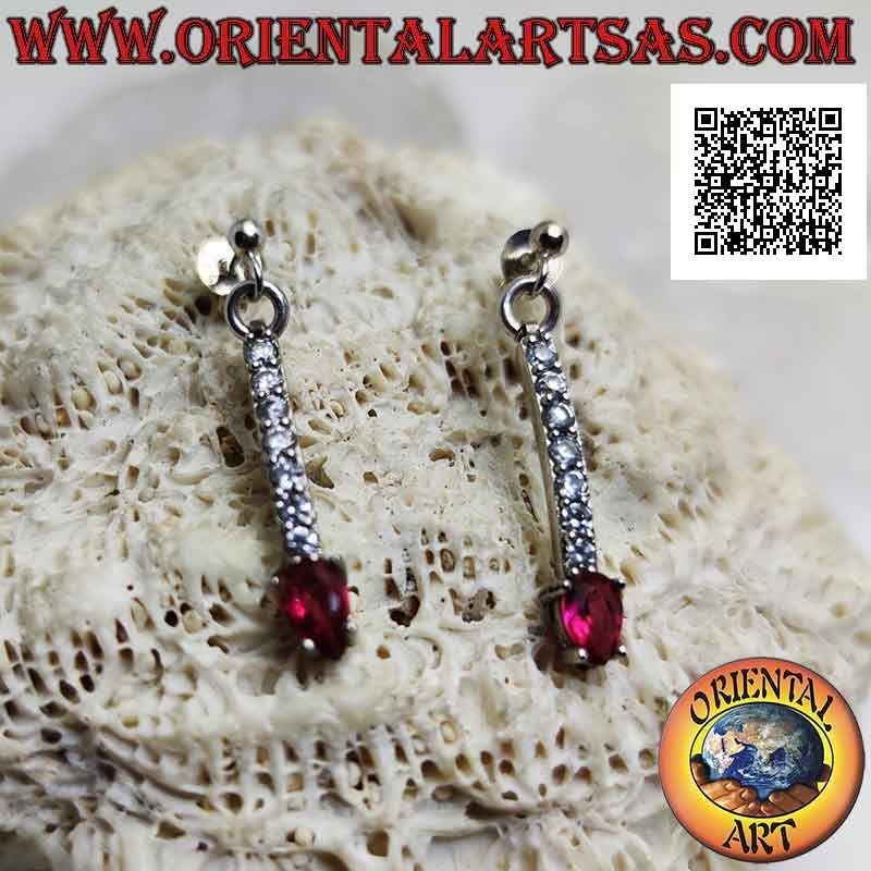 Orecchini in argento a farfalla con mini tennis pendente di zirconi bianchi con ovale rosso finale