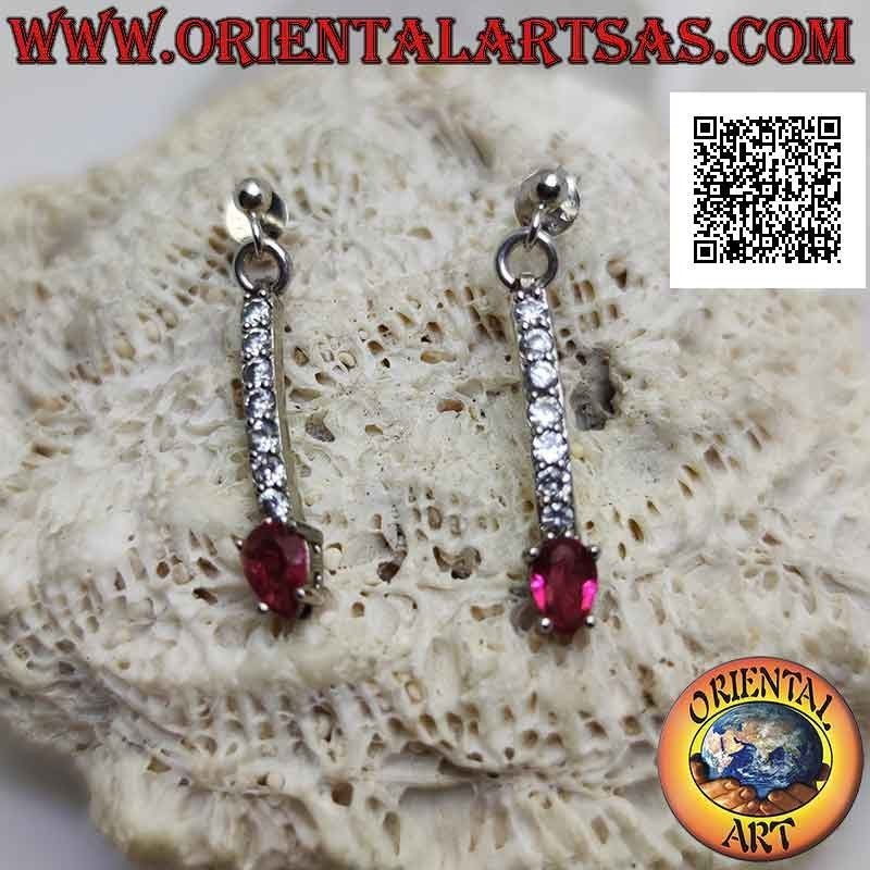 Pendientes mariposa de plata con colgante mini tenis de circonitas blancas con óvalo rojo final