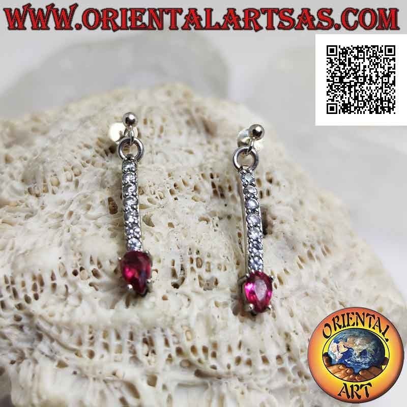 Pendientes mariposa de plata con colgante mini tenis de circonitas blancas con óvalo rojo final