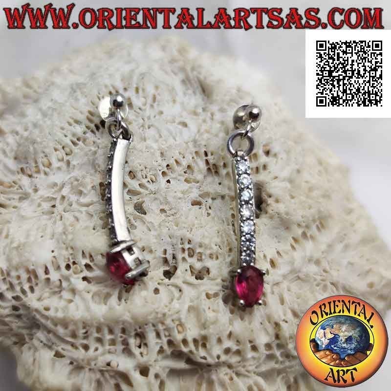 Pendientes mariposa de plata con colgante mini tenis de circonitas blancas con óvalo rojo final