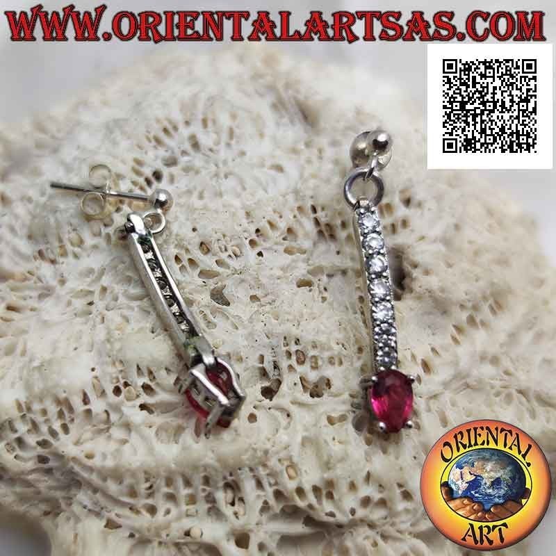 Orecchini in argento a farfalla con mini tennis pendente di zirconi bianchi con ovale rosso finale