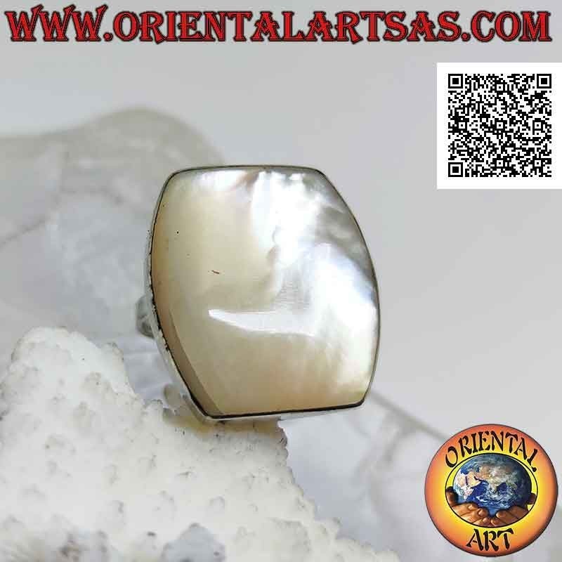 Silver ring with rectangular mother-of-pearl rounded on two sides with smooth edge (adjustable)
