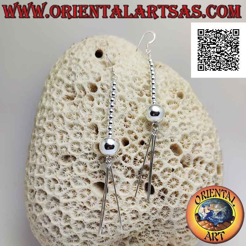 Boucles d'oreilles en argent série de sphères lisses avec une grande sphère finale et trois bâtons suspendus