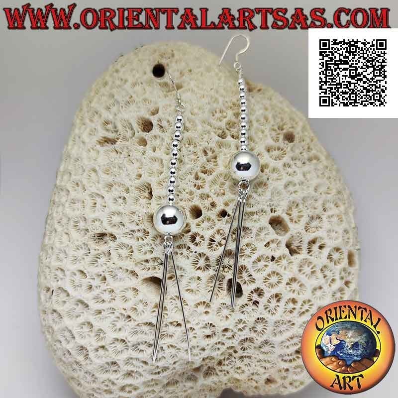 Orecchini in argento serie di sfere lisce con sfera grande finale e tre bastoncini pendenti