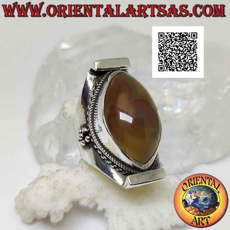 Bague en argent avec agate oeil de Shiva ovale bicolore sur monture népalaise (jaune - orange)