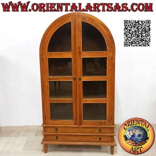 Vitrine haute galbée à double porte (quatre étagères et deux tiroirs) en bois de teck