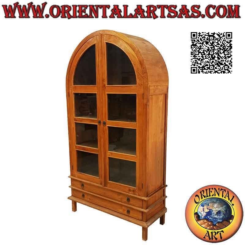 Vitrina alta curva con puerta doble (cuatro baldas y dos cajones) en madera de teca