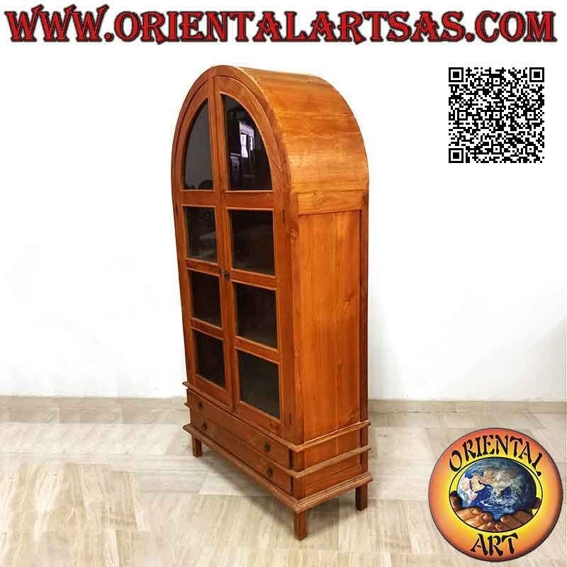 Vitrine haute galbée à double porte (quatre étagères et deux tiroirs) en bois de teck