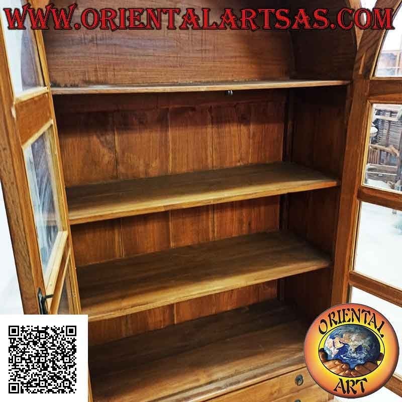 Vitrina alta curva con puerta doble (cuatro baldas y dos cajones) en madera de teca