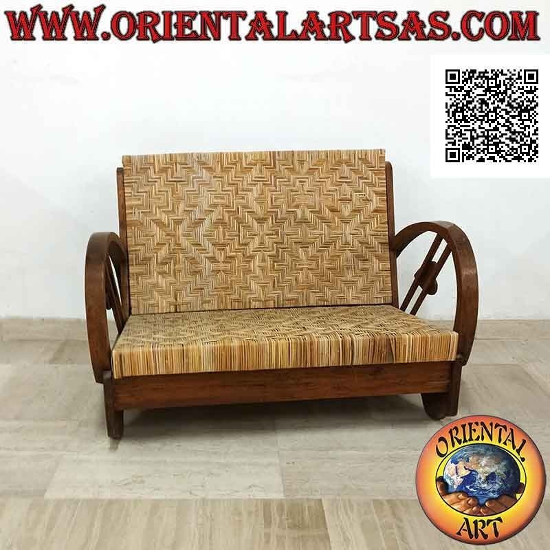 Imperial style low two-seater armchair in teak wood and bamboo (double strap and heart)