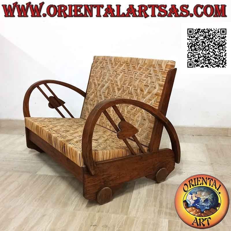 Sillón bajo biplaza estilo imperial en madera de teca y bambú (doble correa y corazón)