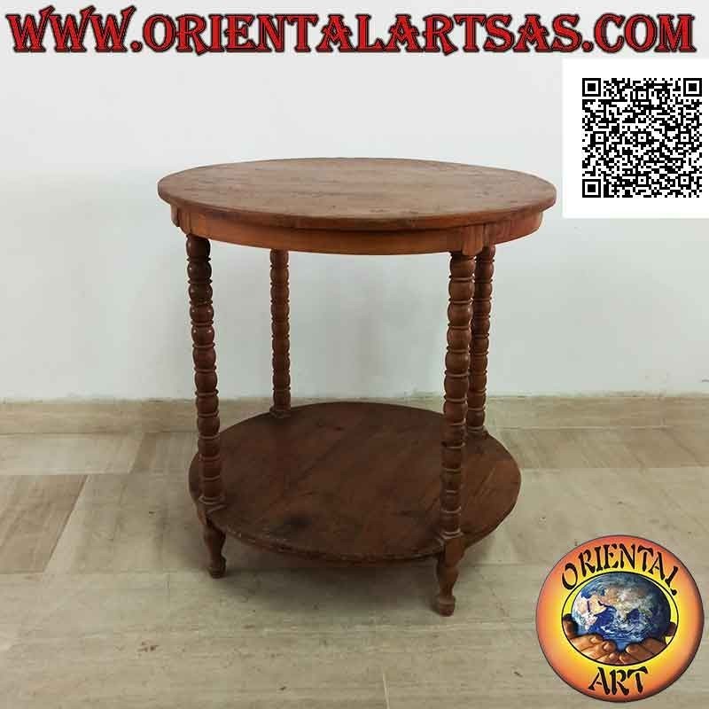 Tavolo tondo a quattro piedi di sfere con ripiano sotto in legno antico di teak (70 cm Ø)