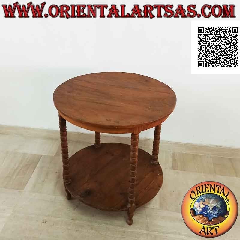 Mesa redonda con cuatro pies de esferas con estante debajo en madera de teca antigua (70 cm Ø)
